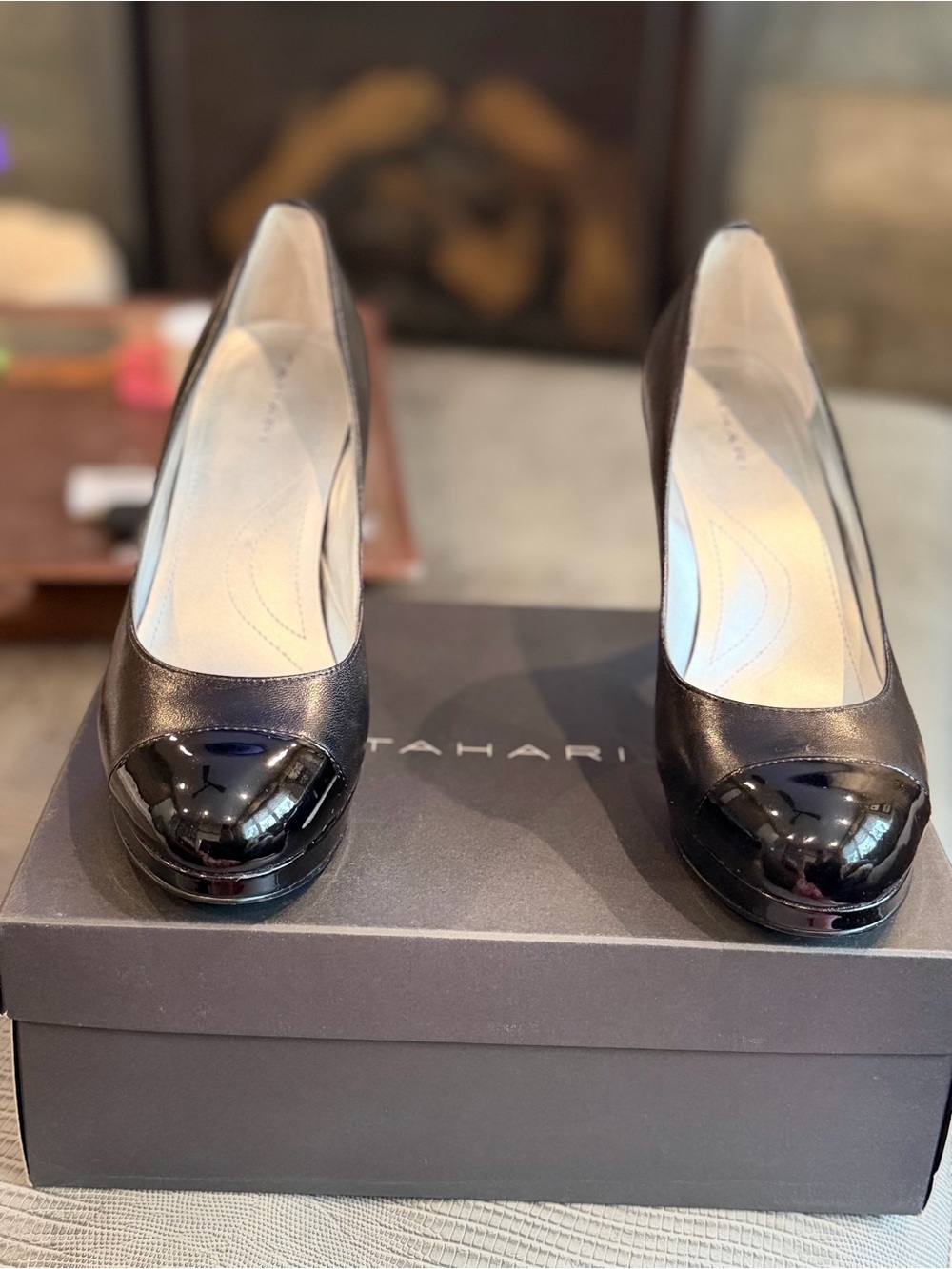Tahari Black Leather Pumps with Patent Cap Toe 3.5 Inch Heel